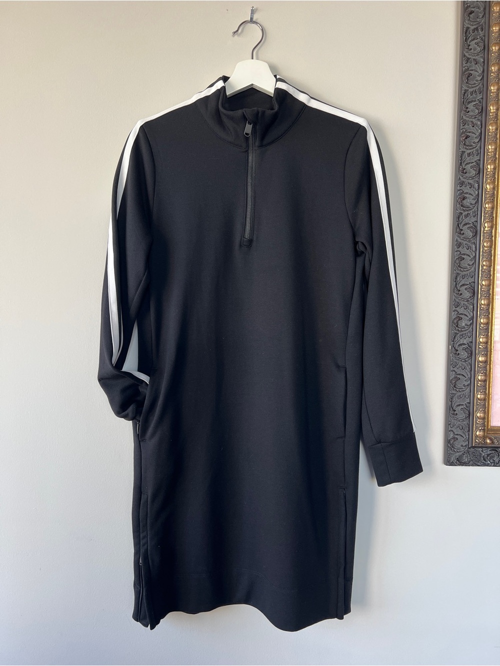 Athleta Black Long-Sleeve Half-Zip Dress with White Shoulder Stripes